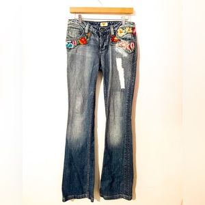 Antik Denim Embroidered Distressed Flare Jeans Size 28